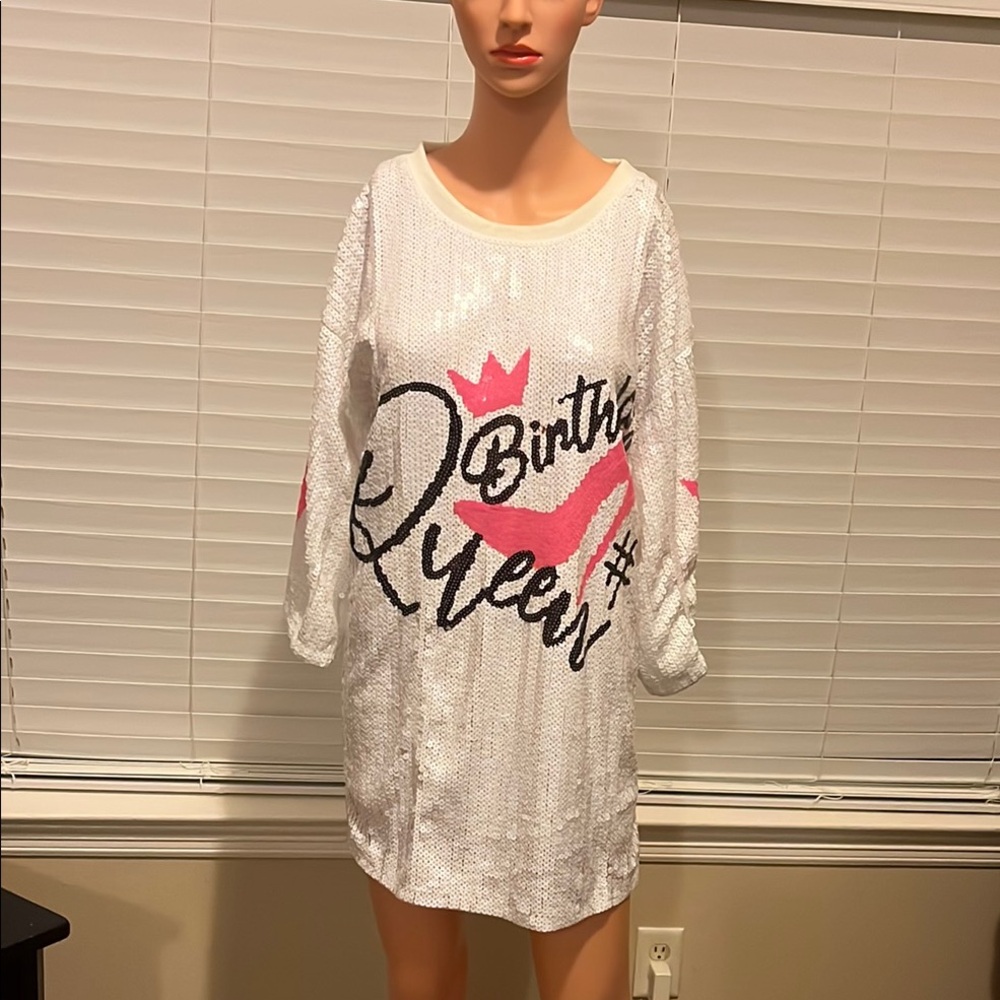Sequin Birthday Queen Dress - White and Pink